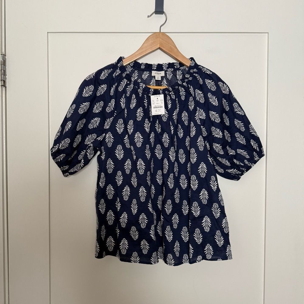 J Crew Top Blouse Womens Sz XS Blue Floral Puff Short Sleeve Ruffle Cottagecore
